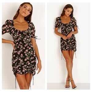 For Love & Lemons Biscotti Mini Dress Noir Roses Size XS Silk Floral Ruched Bow